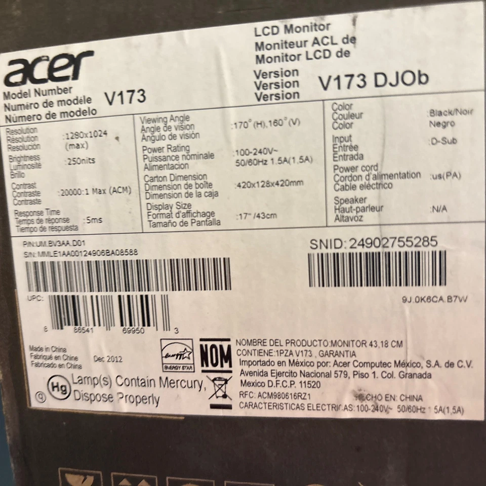 ACER V173 17" LCD VGA ANALOG MONITOR 1280 X 1024 HD ET.BV3RP.D04 - Image 2 of 2