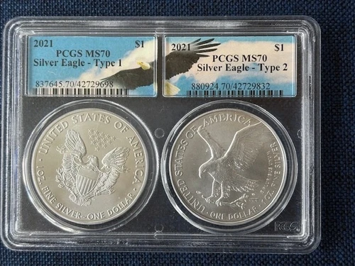 2021 SILVER EAGLE 2-COIN SET / Type-1 & Type-2 / PCGS MS-70 / Eagle Label