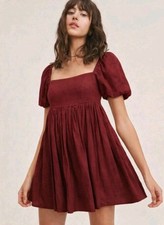 Mable Linen Blend Babydoll Mini Dress Puff Sleeve Coquette Wine Red Size S
