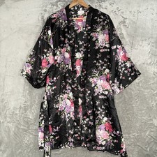 Floral Satin Kimono Robe Womens XL Black Pink Purple Peony Asian Geisha Style