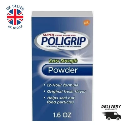 Super PoliGrip Denture Adhesive Powder – Extra Strength – 45g (1.6oz) Bottle