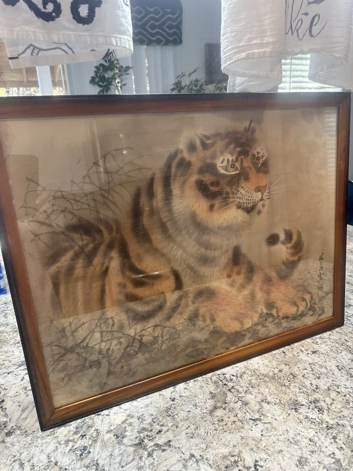 复古亚洲东方丝绸绘画 20 世纪 50 年代 20 世纪 50 年代老虎签名带框艺术 — 第 2/4 张图片