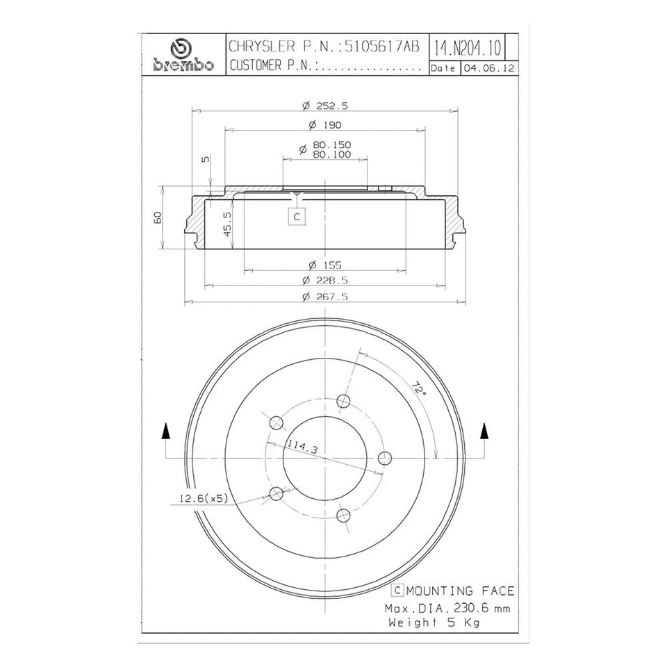 For Dodge Avenger 2008-2009 Brembo Premium Equivalent Rear Brake Drum — 第 2/2 张图片