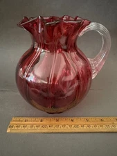RIBBED FLARED PINK CRANBERRY ART GLASS PITCHER WITH APPLIED HANDLE VINTAGE