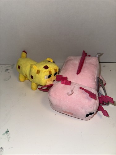 Lot Of 2 Minecraft Plushies Mattel Pink Axolotl Cheetah Stuffed Animal Plush 13"