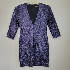 Express Purple Sequin Deep V-Neck Bodycon Mini Dress 3/4 Sleeve Size 4 NYE Glam
