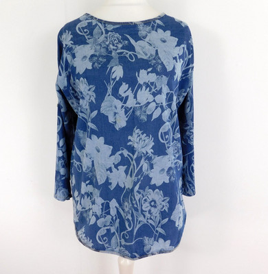 Lottie & Moll Blue Floral Denim Tunic Top Size Large Roll Sleeve Made In Itay