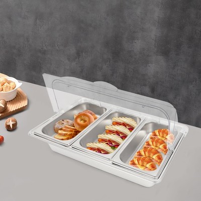 3-Compartment Countertop Food Serving Display Container W/Clear Roll Top Cover