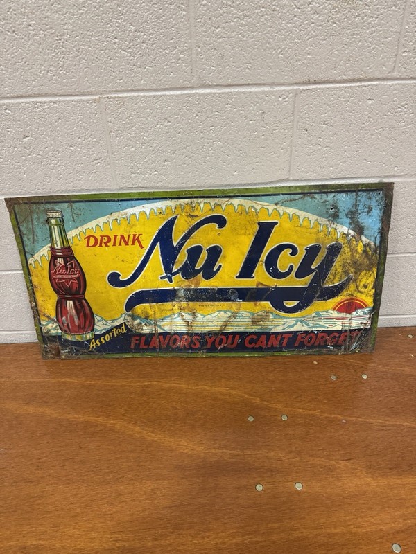 Antique Nu Icy Advertising Tin Soda Sign (Rare)