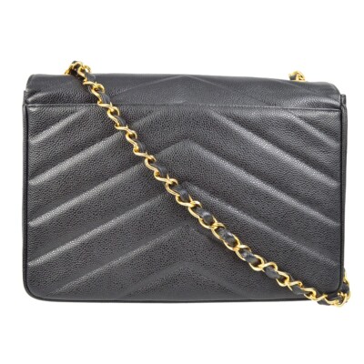 Chanel Black Calfskin Chevron Classic Flap Jumbo Shoulder Bag