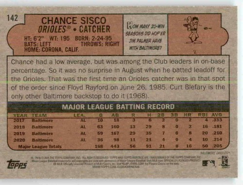 Tarjeta base Heritage Chance Sisco MLB 2021 PWE Orioles #142 - Imagen 2 de 2