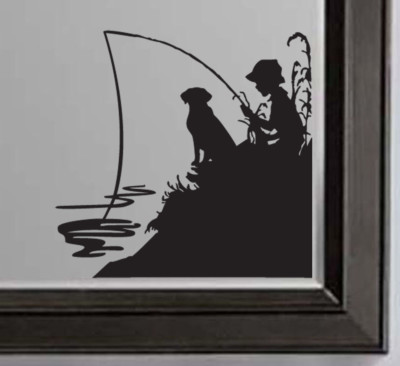 Little Boy Fishing with His Lab Dog Vinyl Wall Sticker Decal (b)