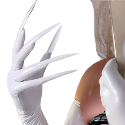 Latex GLOVES with Long Nails 70cm Long White Leather Rubber Faux PU Thin TECH