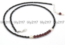Natural 3mm Faceted Black Spinel 6mm Red Garnet Round Gems Necklace 18-28'' AA