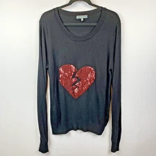 GRAY Saks Fifth Avenue Crewneck Sweater Angora Blend Black Red Sequin Heart L