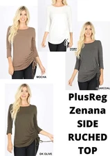 Zenana adjustable side ruched tie 3/4 sleeve top soft scoop S M L XL 1X 2X 3X