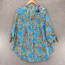Figueroa  Flower Top Womens Large Blue Multi Floral Button Up 3/4 Tied Sleeves