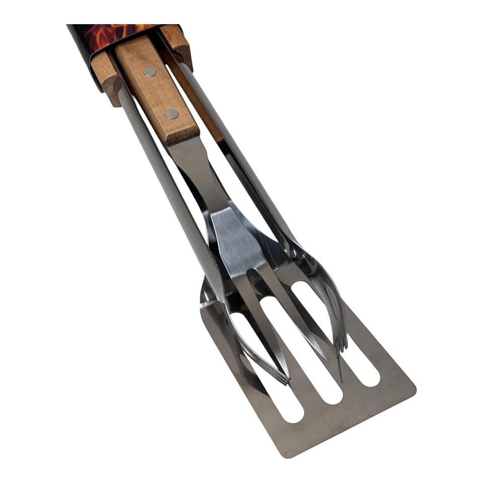 Good Cook BBQ Tool Set 3 Piece Fork Turner Tongs Stainless Steel Wood Handle New - Image 2 of 4