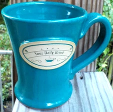 NM Sunset Hill Stoneware Wisconsin Teal Mug Embossed "Your Daily Grind" V Clean