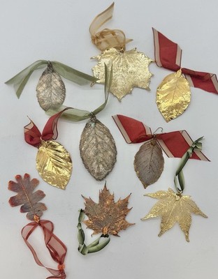 Still Life Real Leaf 9 Ornament Lot Gold, Silver, Copper Dipped Maple Oak Leaves