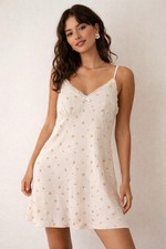 Cottagecore Floral Ribbed Slip Nightgown Lace Trim Pink Beige Size L Coquette