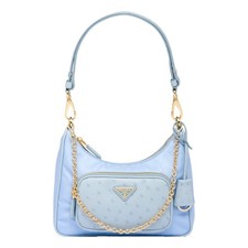 Prada 2Way Tessuto Nylon Cielo Blue Ostrich Leather Shoulder Handbag NEW
