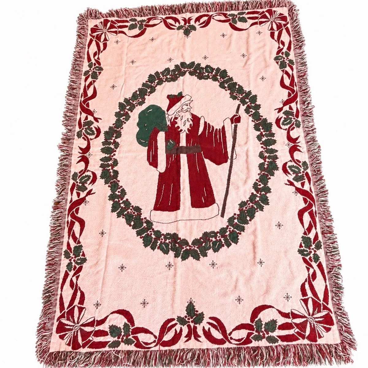 VTG Pink Santa Claus Holly Christmas Woven Tapestry Throw Blanket Fringed 46x66