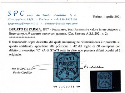ITALIA ITALIAN STATES PARMA 1857 GIORNALI 9c AZZURRO*(varieta) - CARDILLO CERT.