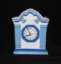 Canvas Cross Stitch Mantel Clock Handmade Vintage Works White Blue Finished
