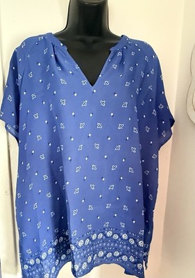 Old Navy Blue White Floral V-Neck Pullover Short Sleeve Blouse XL Women