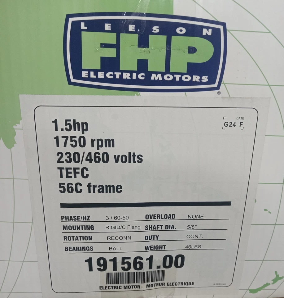Leeson 191561.00 Electric Motor 1.5 HP 1800 Rpm 3PH 230/460 Volt 56C  - Image 2 of 2