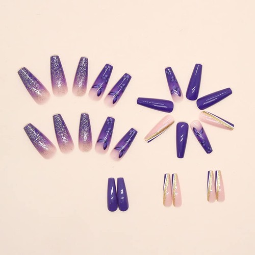 Press On Nails Super Long Coffin Purple Butterfly French Tips Fake Nails - Picture 4 of 5