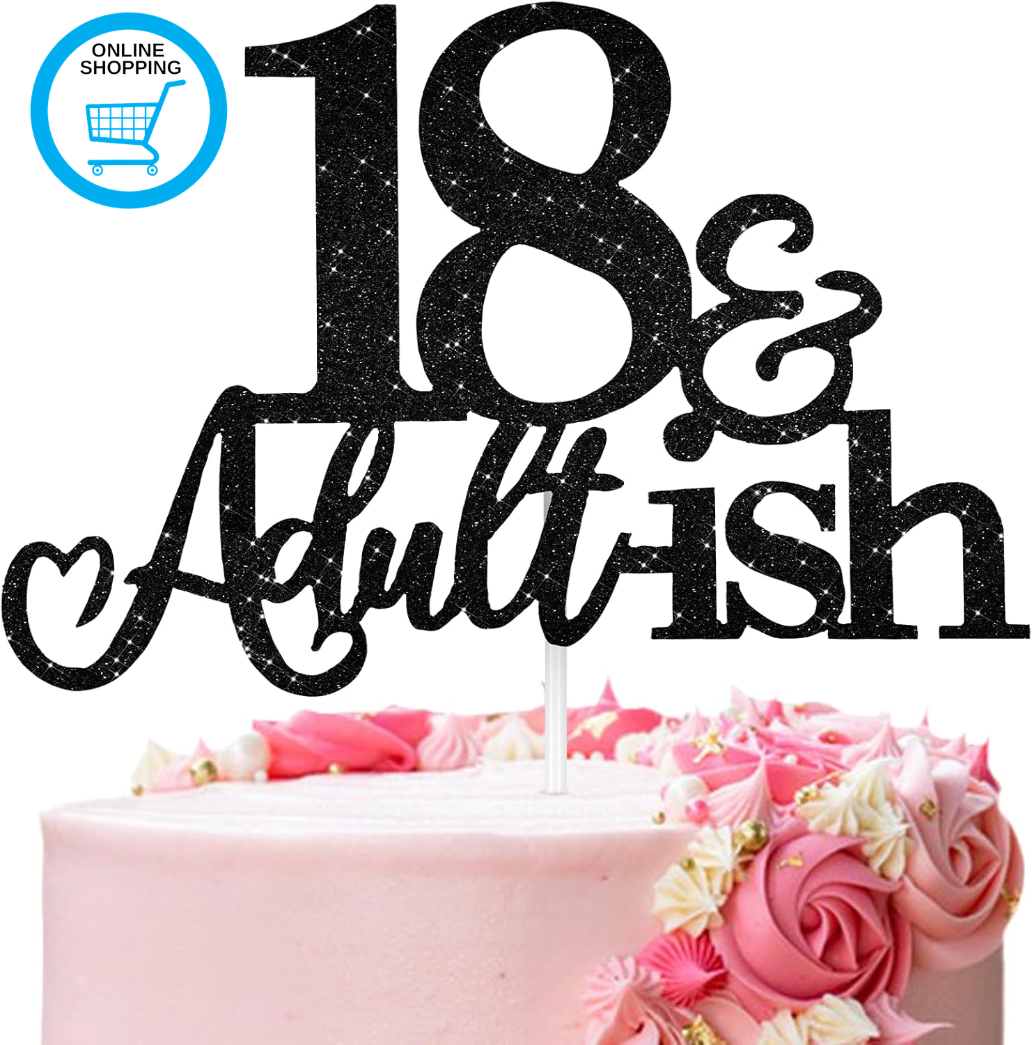 18Th Birthday Cake Topper, Black Glitter Happy 18Th Birthday Cake Toppers for 18