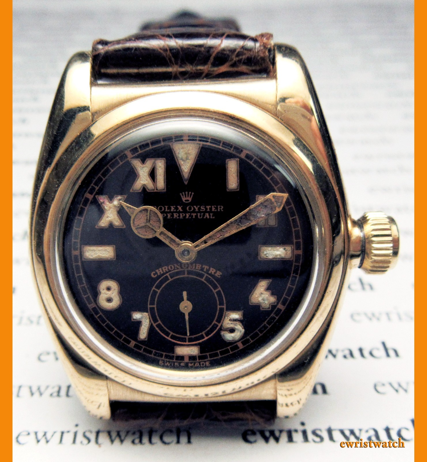 Rare 30's Rolex 1st Model Oyster Chronometer Bubbleback California Dial 18K Gold image 3