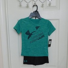 NWT 2pc Under Armour Green Black Logo Shirt Shorts Set sz 4