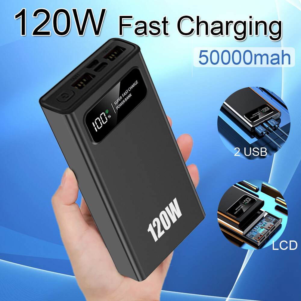 120W Portable 50000mAh Power Bank 2 USB LCD External Battery Charger For Phone