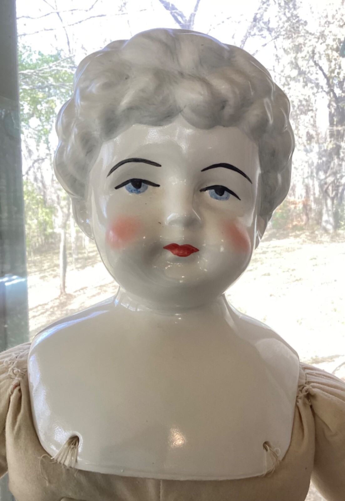 China Head Bisque Doll, Cloth Body, 31”, Grey Hair, Rosy Cheeks