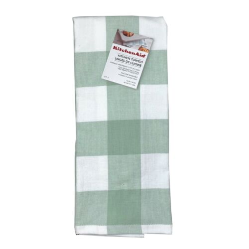 KitchenAid Kitchen Towels 2 Towels Gingham Plaid Green and White 100% Cotton