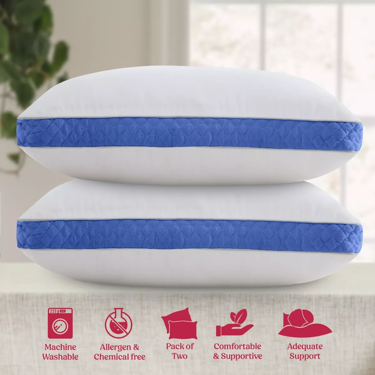 Utopia Bedding Gusseted Pillow (2-Pack) Premium Quality Bed Pillows - Side Back Sleepers - Blue Gusset - King - 18 x 36 Inches