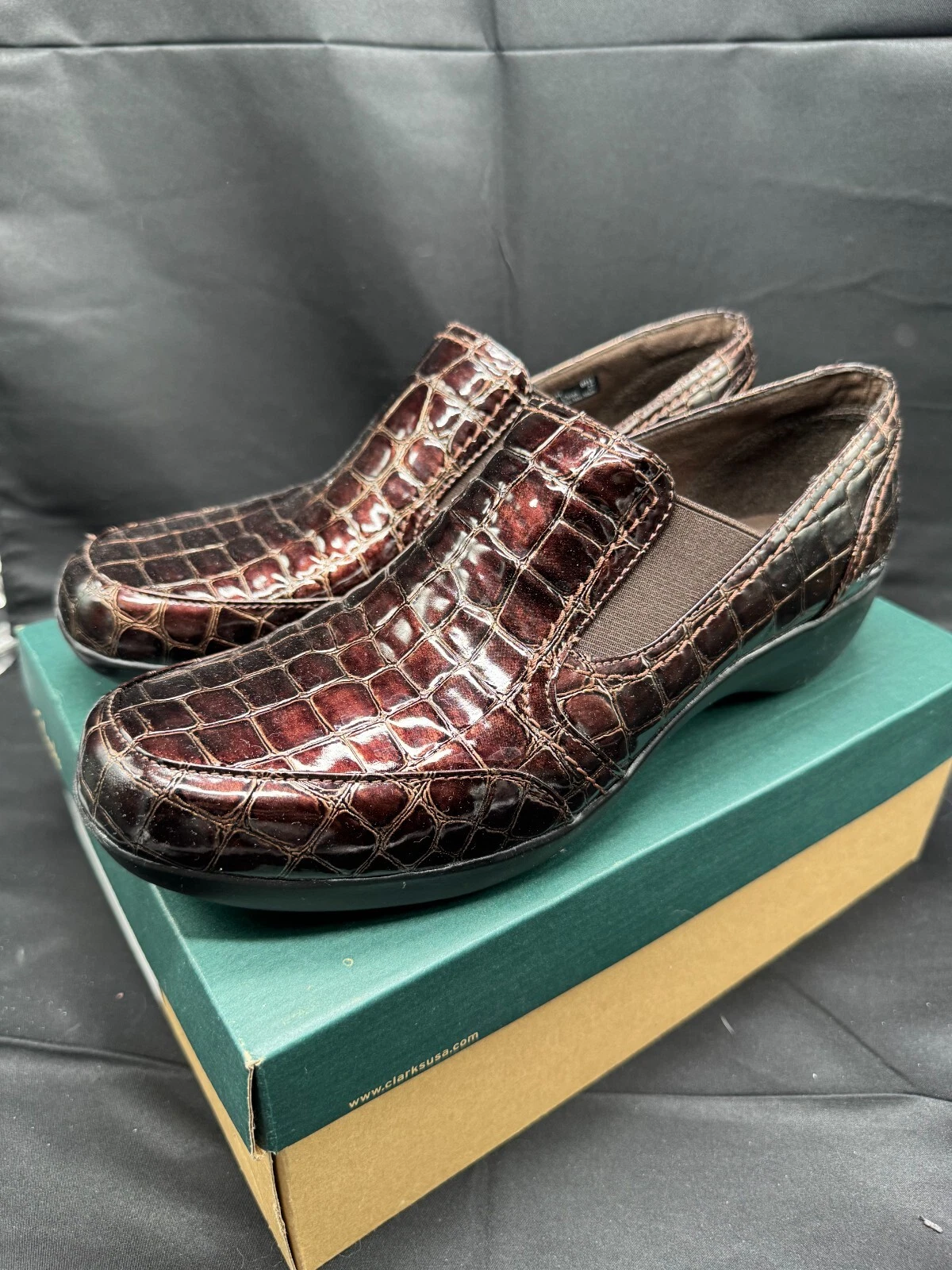 Mocassini Clarks Bendables May Poppy Brown stampa coccodrillo nuovi con scatola taglia 11M