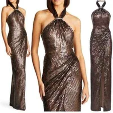 Halston Umbra Brown Sequin Lace Beaded Halter Gown Size 14 $745