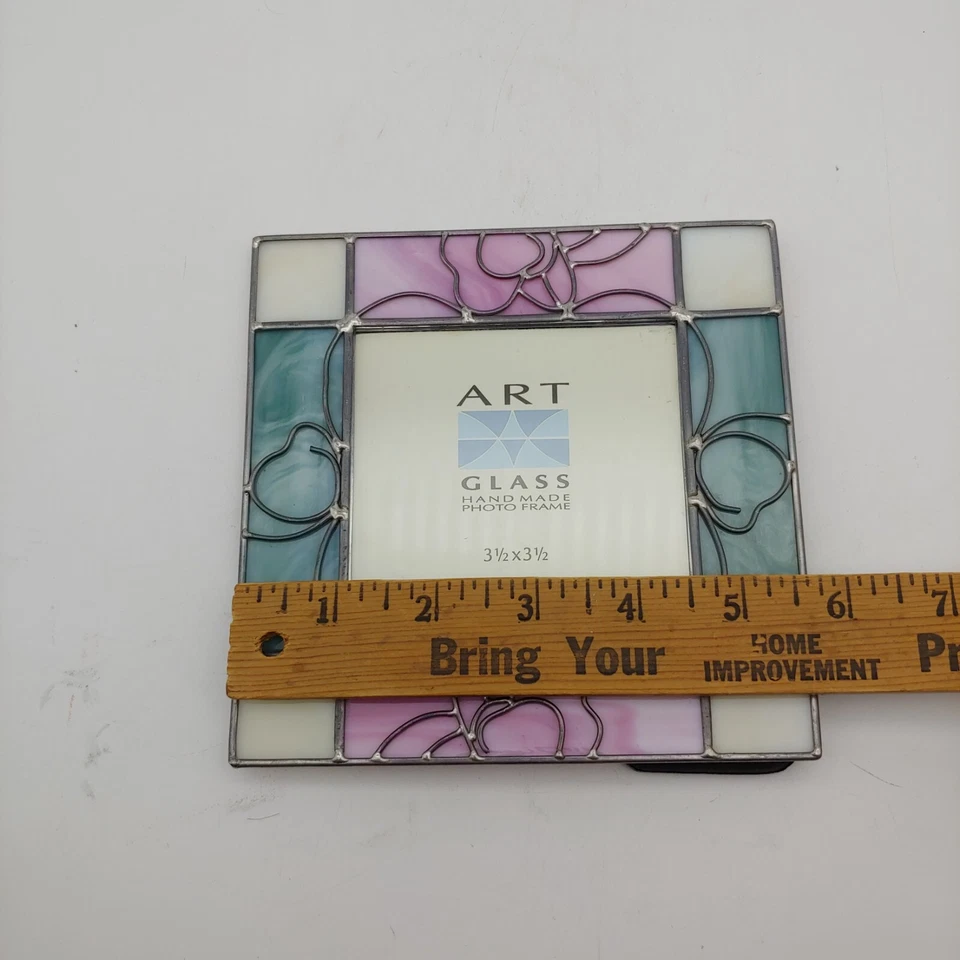 Leaded Stained Glass Picture Frame - 3.5" Pastel Green Pink Floral Rose Flowers - Image 3 of 4