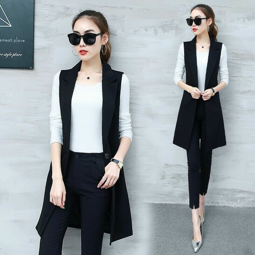 Women Sleeveless Lapel Coat Long Cardigan Jacket Suit Elegant Waistcoat Vest NEW - Picture 8 of 14