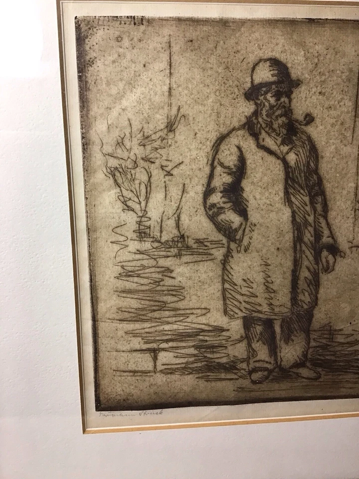 HERMANN STRIKED Grabado Original Firmado a Mano PRETZEL VENDEDOR HOMBRE 15”x12” ENMARCADO Foto 3 de 4