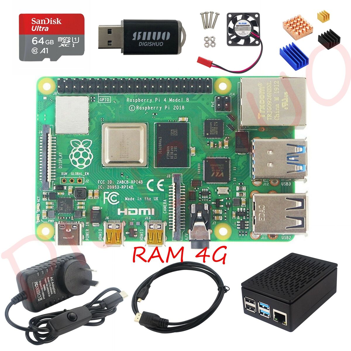 US Raspberry Pi 4B Model B 2/4/8GB RAM DIY Kit Case Fan SD Card Micro-SD  HDMI