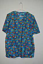 Women  s Extra Large Blue Present Gift Bow Party Celebration Scrub Top