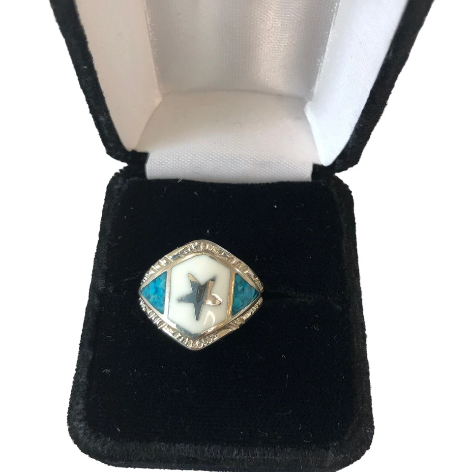 Anillo Western Turquesa y Acero Inoxidable Plata Estrella Incrustación aprox Talla 8 Foto 3 de 4
