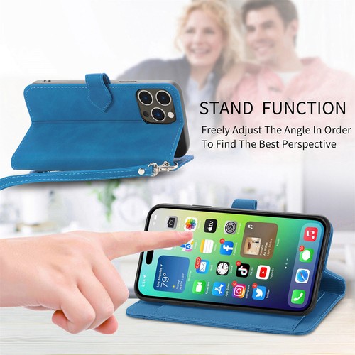 For iPhone 16e 2025/16 Pro Max/15/14 Leather Zipper Wallet Stand Case with Strap - Picture 15 of 47