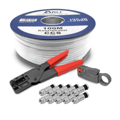 100m Sat Kabel 135dB + Kompressionszange + Abisoliermesser + 10x F Stecker HD Se