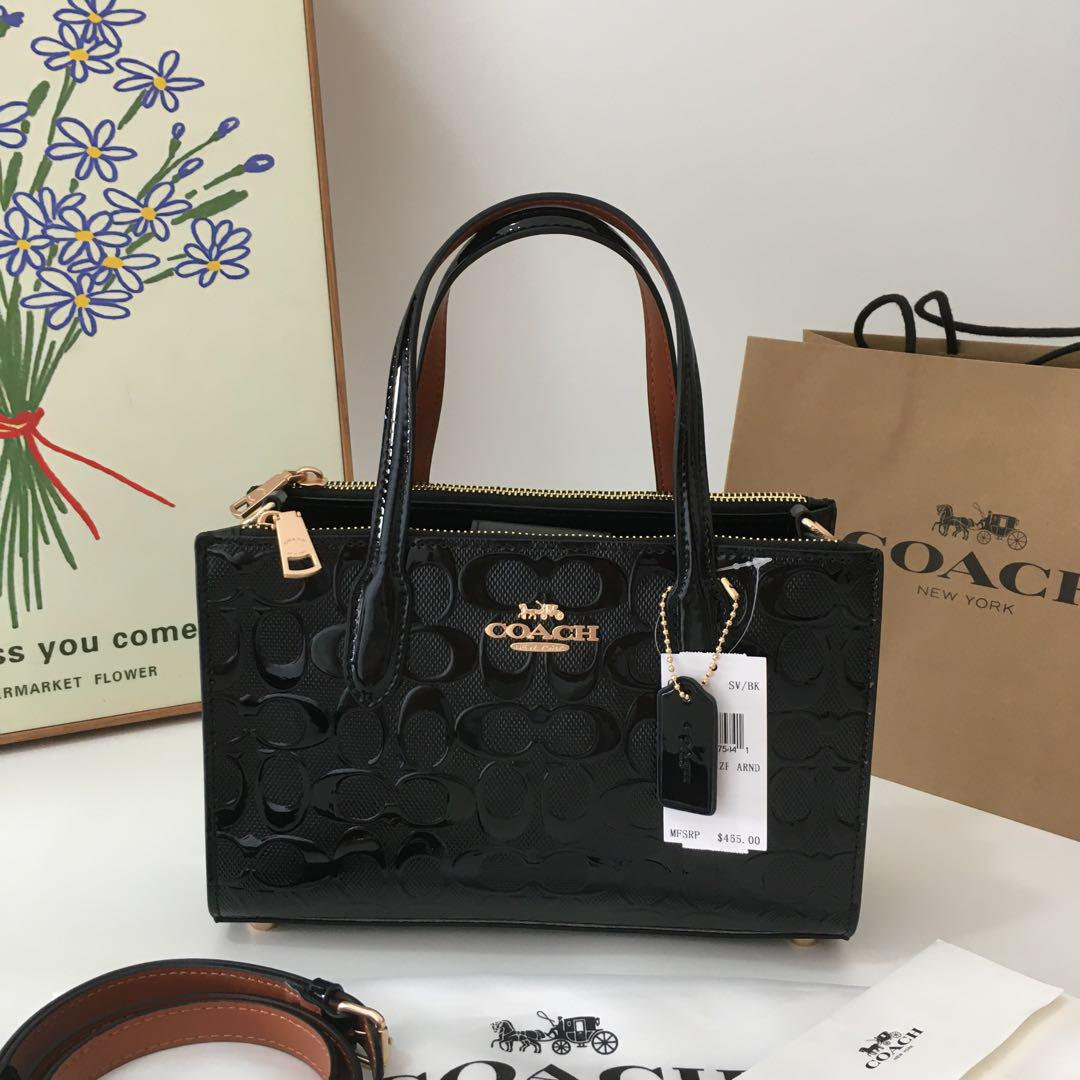 COACH CV400 Nina Small Tote Bag Signature Patent Leather Black